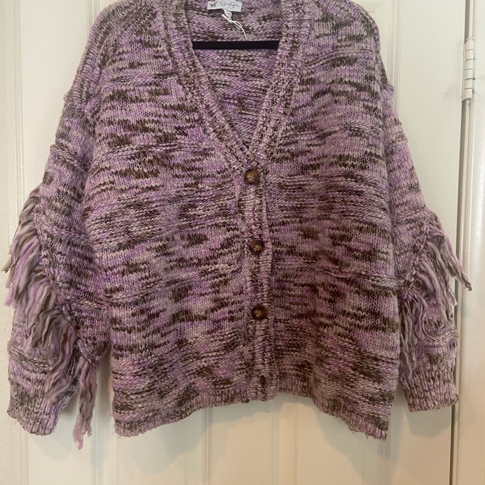 Jessica Simpson Lavender & Brown Marled Fringe Button Cardigan